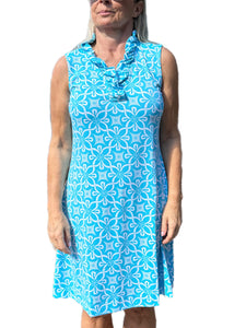 Ruffle-Neck Dress with UPF50+ Geometric Flowers Turquoise