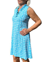 Load image into Gallery viewer, Ruffle-Neck Dress with UPF50+ Geometric Flowers Turquoise
