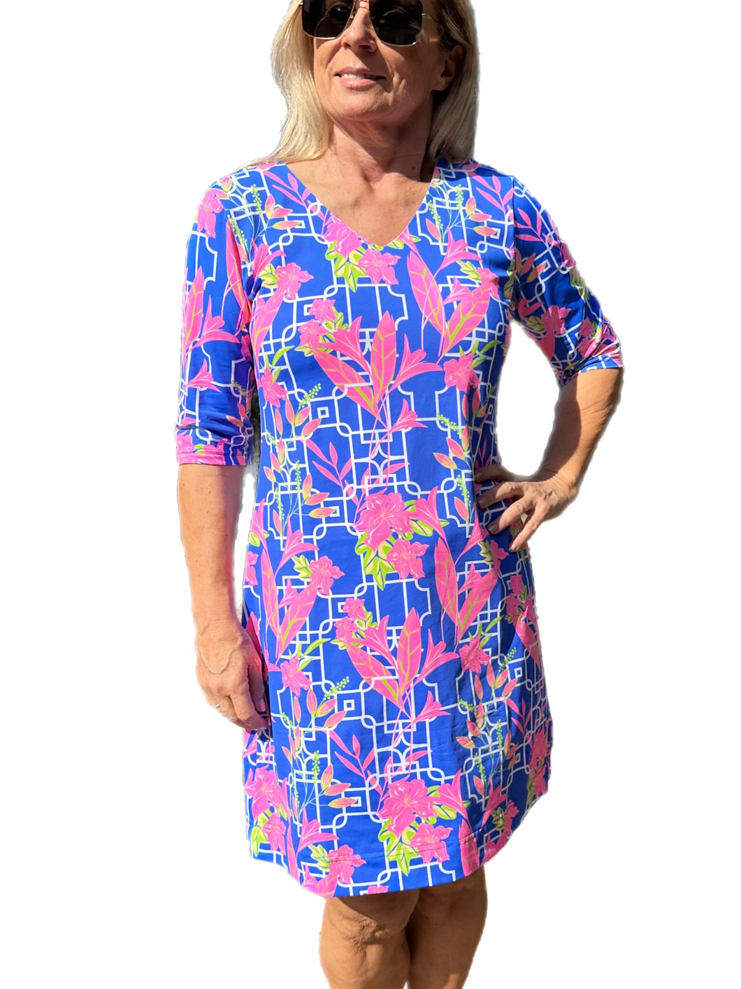 Elbow-Sleeve Travel Dress with UPF50+ Lily Blue