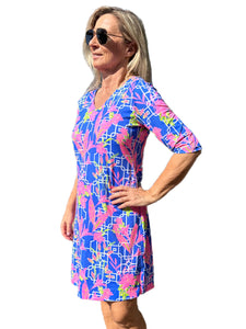 Elbow-Sleeve Travel Dress with UPF50+ Lily Blue