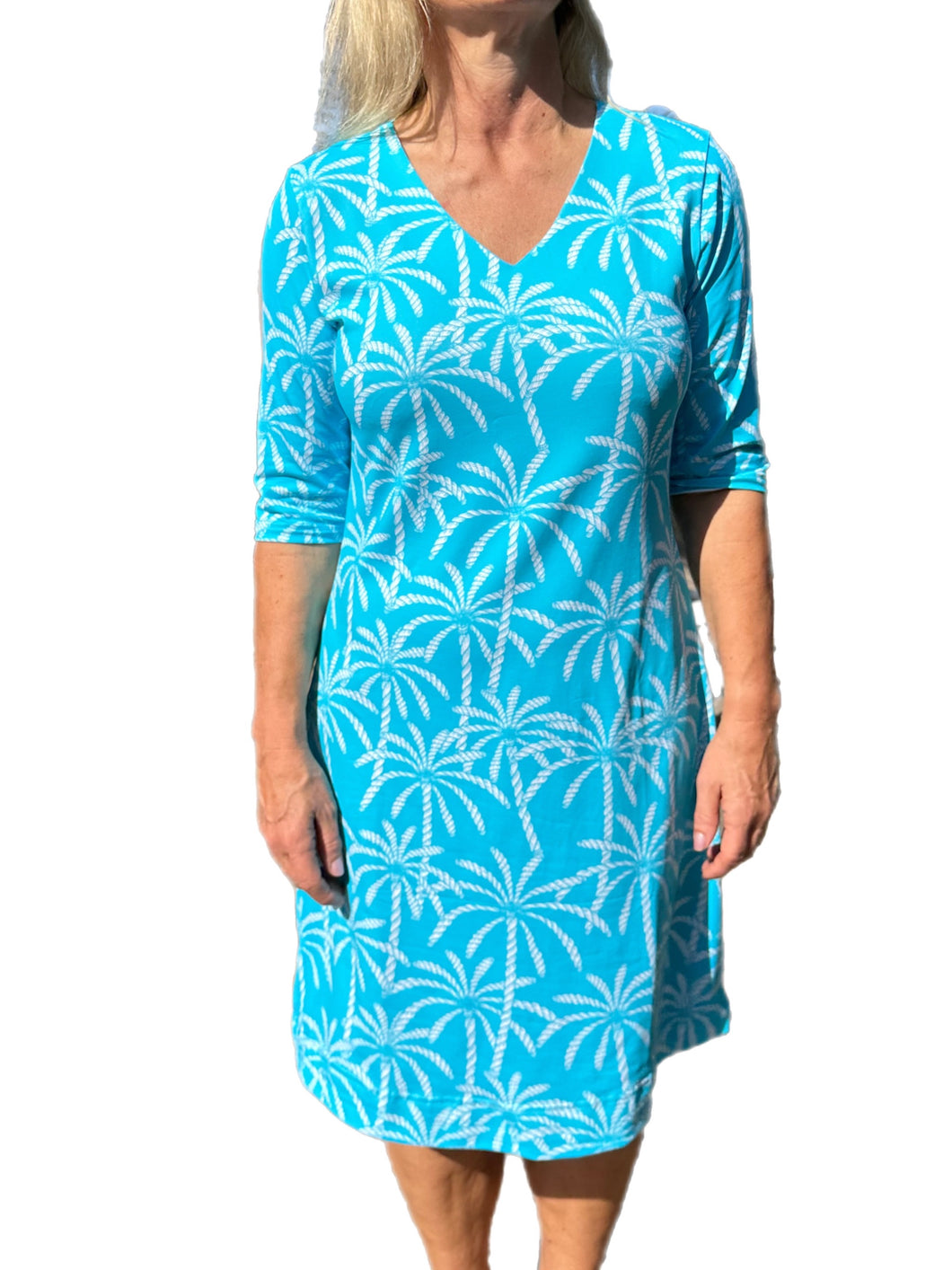Elbow-Sleeve Travel Dress with UPF50+ Palm Tree Turquoise