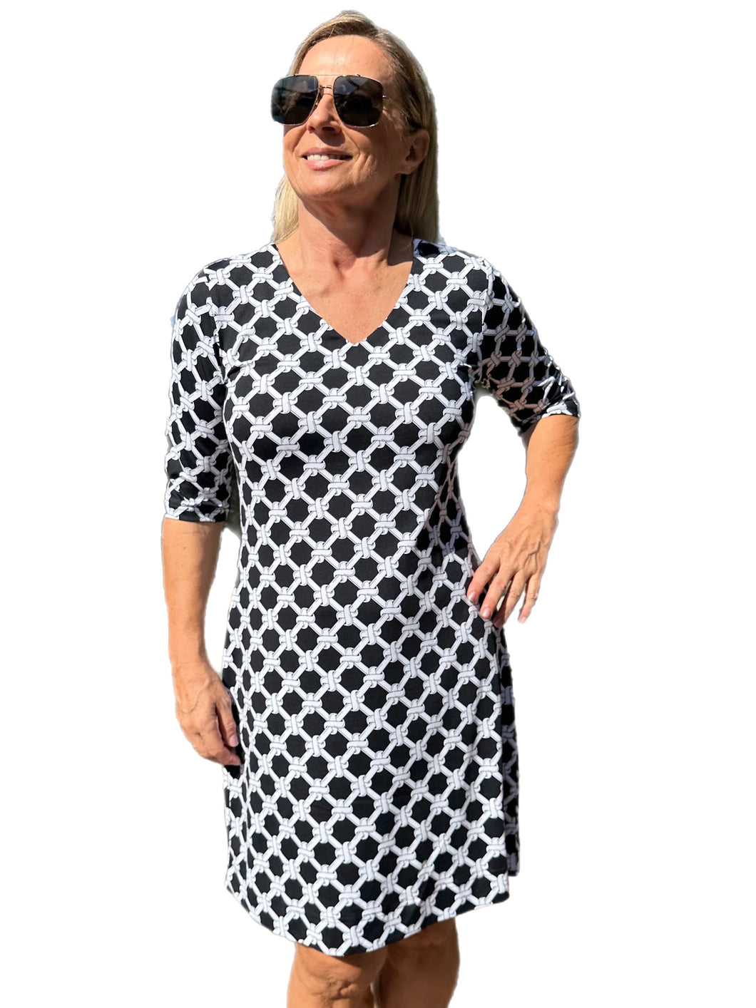 Elbow-Sleeve Travel Dress with UPF50+ Ropes Black/White