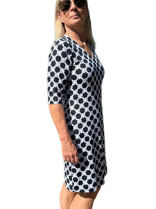 Elbow-Sleeve Travel Dress with UPF50+ Ropes Black/White