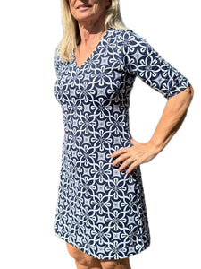 Elbow-Sleeve Travel Dress with UPF50+ Geometric Flowers Navy