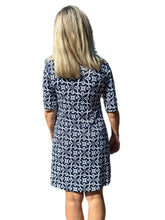 Load image into Gallery viewer, Elbow-Sleeve Travel Dress with UPF50+ Geometric Flowers Navy
