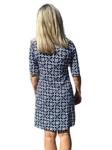 Elbow-Sleeve Travel Dress with UPF50+ Geometric Flowers Navy