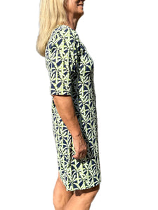 Elbow-Sleeve Travel Dress with UPF50+ Palm Tree Navy