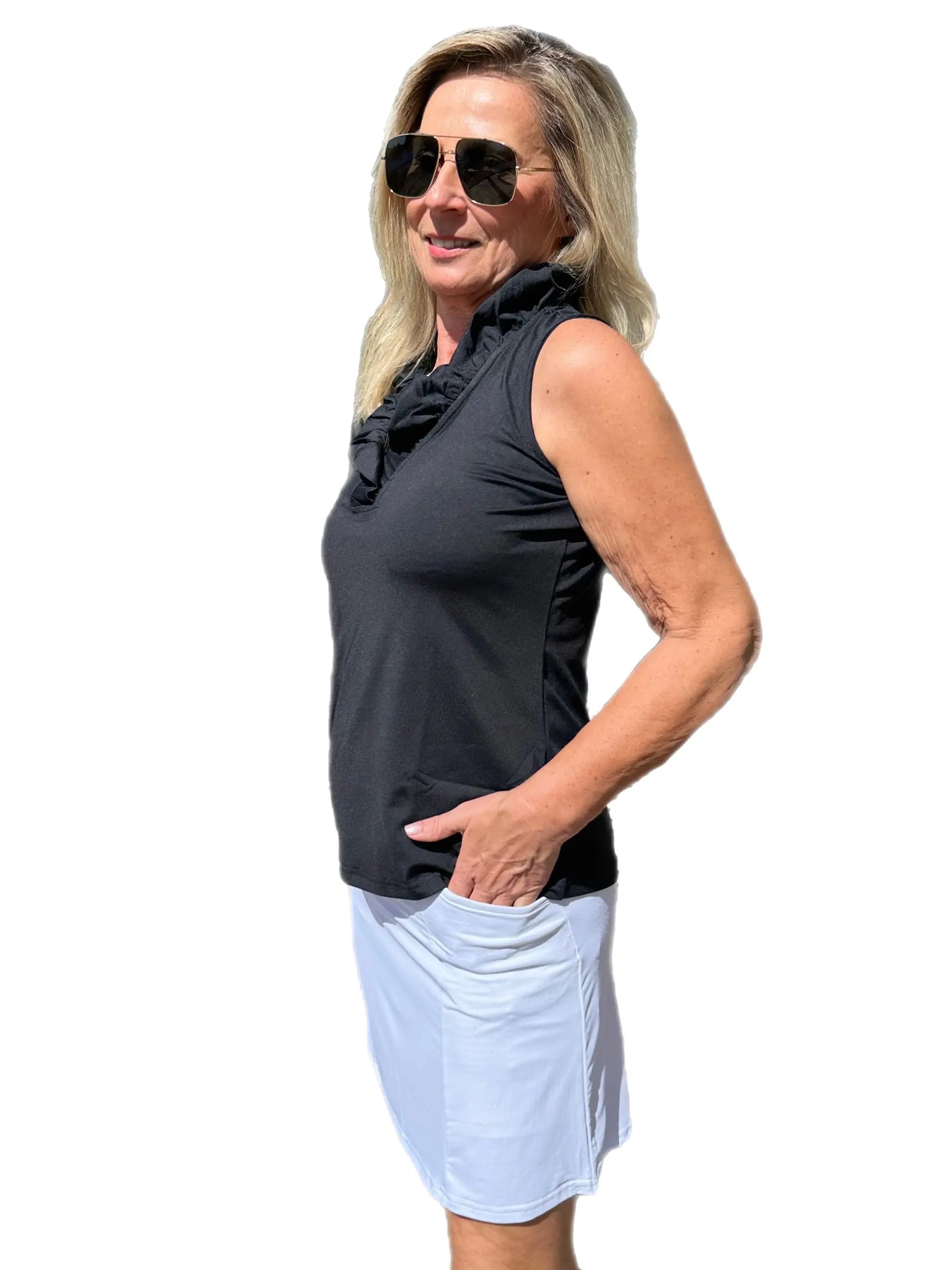 Ruffle-Neck Top with UPF50+ Black - Back of the Bay Boutique