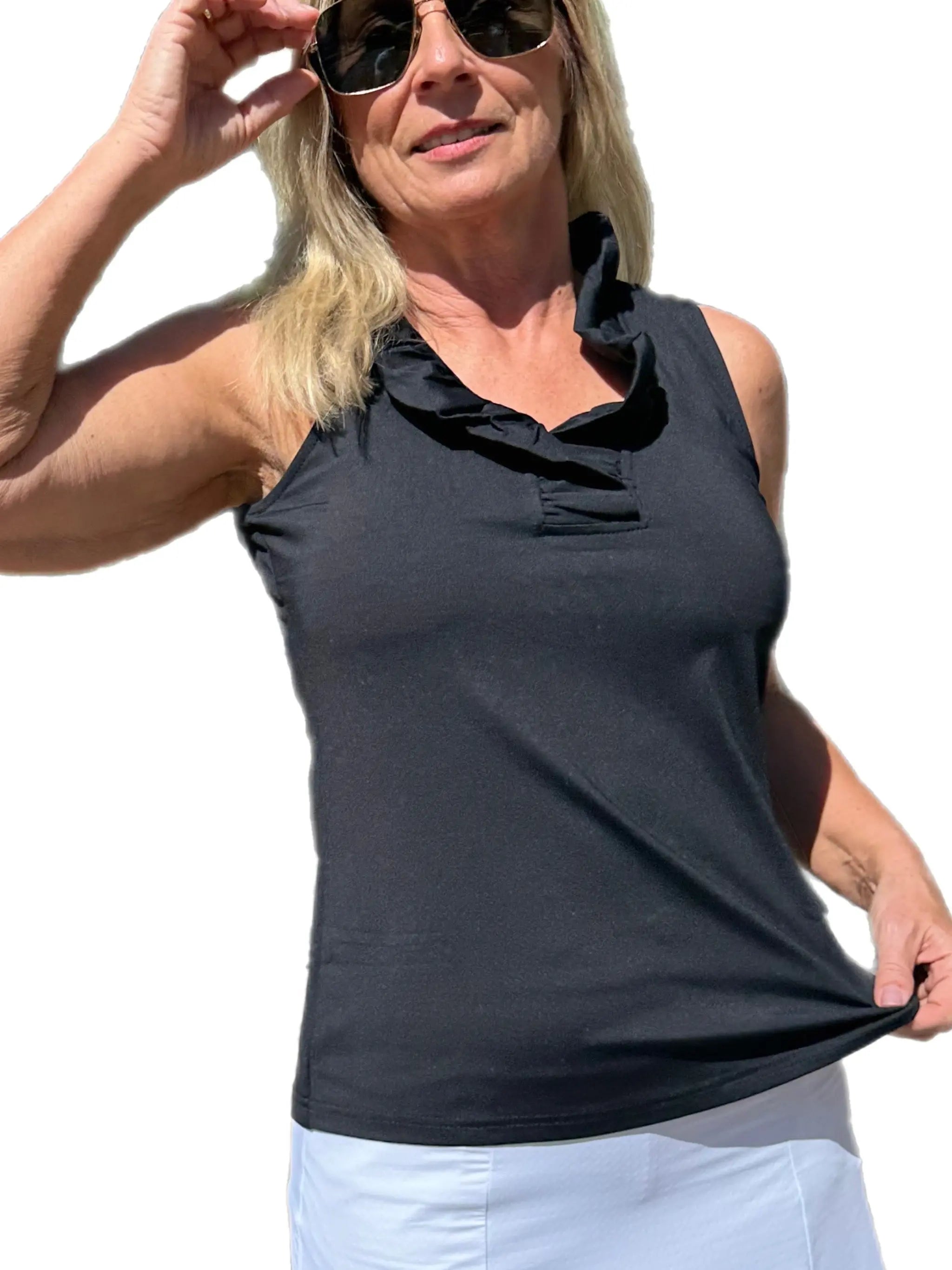 Ruffle-Neck Top with UPF50+ Black - Back of the Bay Boutique