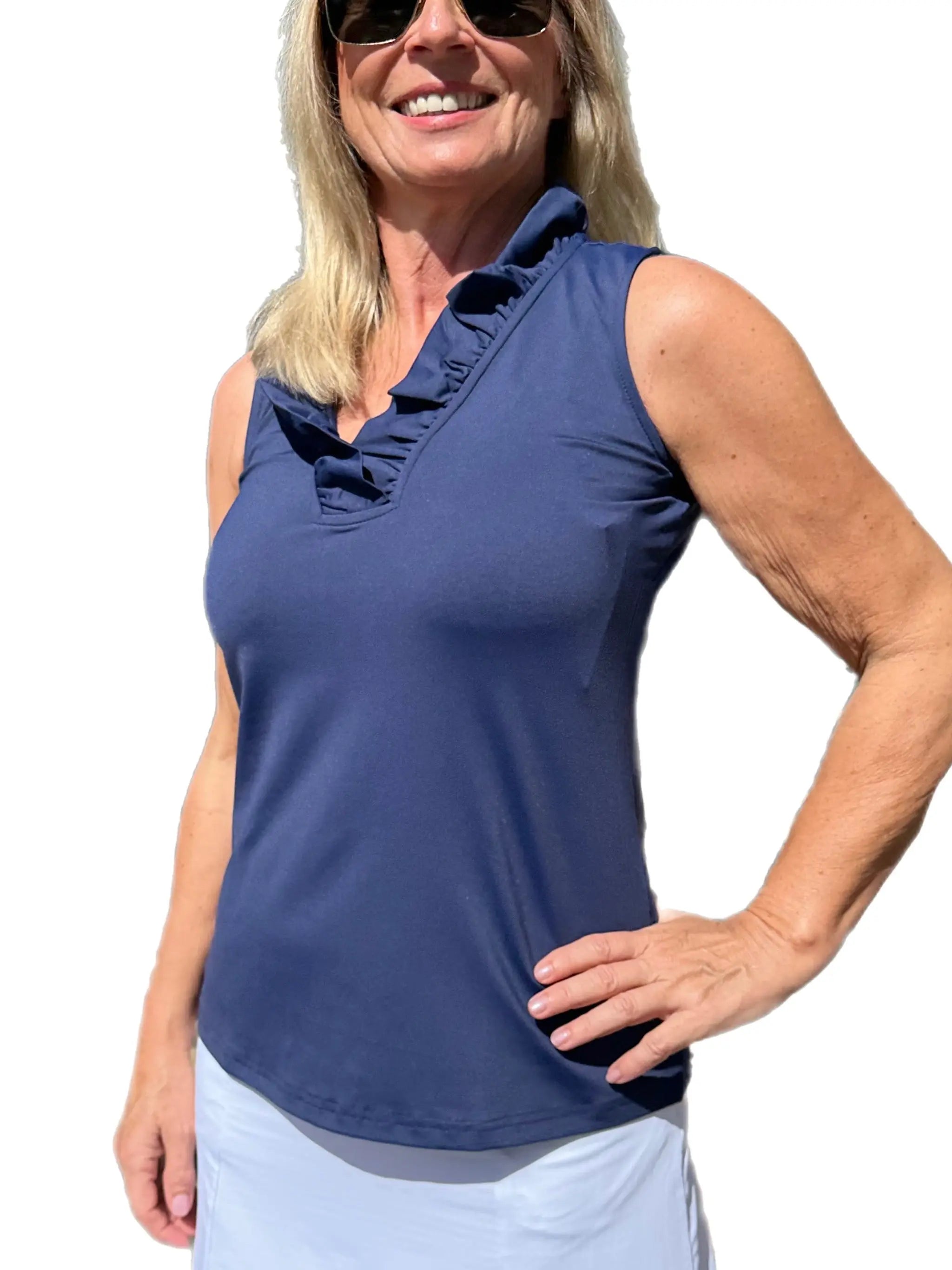 Ruffle-Neck Top with UPF50+ Navy - Back of the Bay Boutique