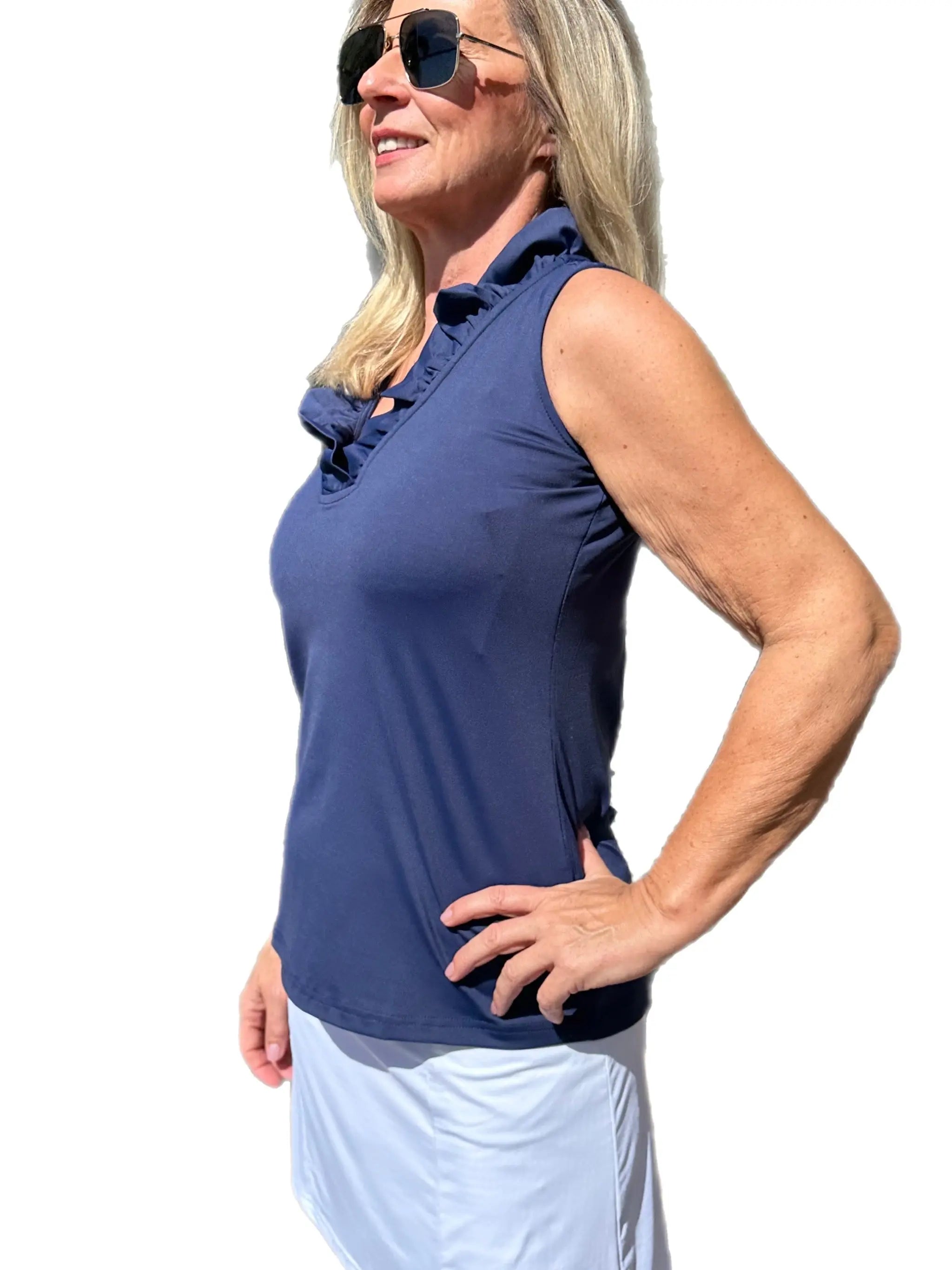 Ruffle-Neck Top with UPF50+ Navy - Back of the Bay Boutique