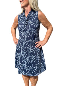 Ruffle-Neck Dress with UPF50+ Palm Tree Navy White