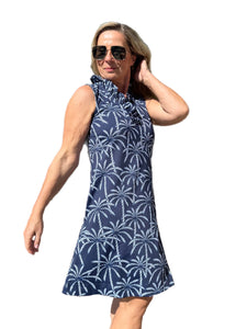 Ruffle-Neck Dress with UPF50+ Palm Tree Navy White