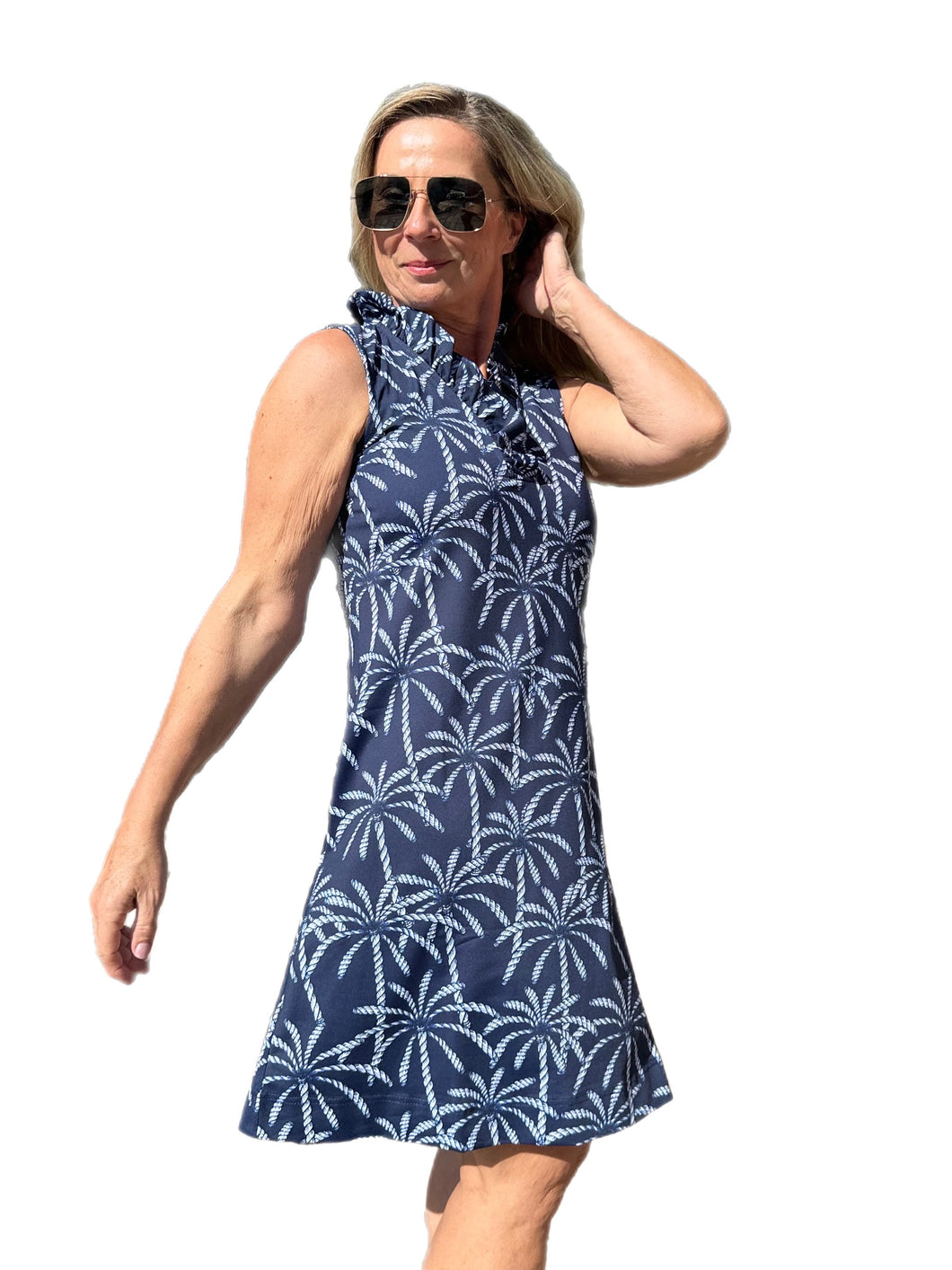 Ruffle-Neck Dress with UPF50+ Palm Tree Navy White