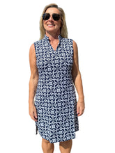 Load image into Gallery viewer, Classic Keyhole Sleeveless Dress with UPF50+ Geometric Flowers Navy
