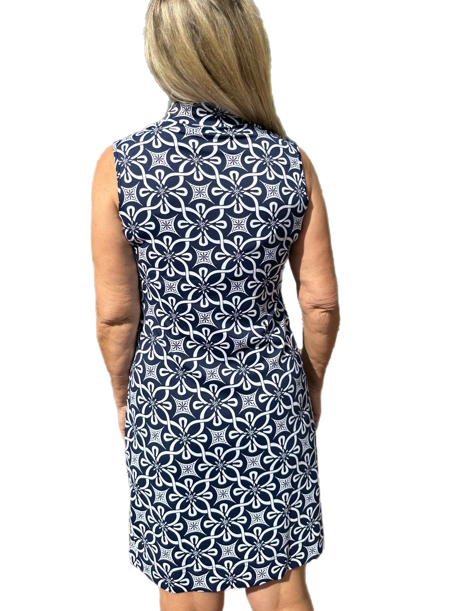 Lulu-B Classic Keyhole Sleeveless Dress with UPF50+ Geometric Flowers Navy  – Back of the Bay Boutique