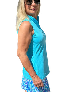 High Zip-Neck Sleeveless Top with UPF50+ Clear Turquoise