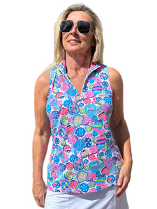 High Zip-Neck Sleeveless Top with UPF50+ Pickle Ball White