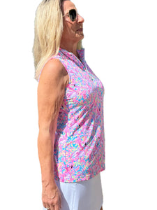 High Zip-Neck Sleeveless Top with UPF50+ Flamingo Pink