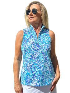 High Zip-Neck Sleeveless Top with UPF50+ Abstract Blues