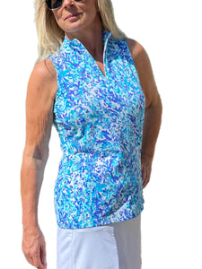 High Zip-Neck Sleeveless Top with UPF50+ Abstract Blues