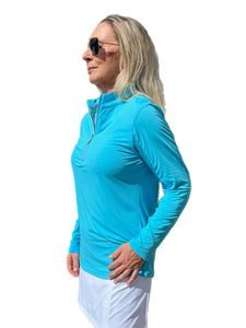 High Zip-Neck Long Sleeve Top with UPF50+ Clear Turquoise