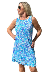 Sleeveless Dress with Ruffles with UPF50+ Abstract Blues