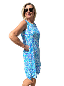 Sleeveless Dress with Ruffles with UPF50+ Abstract Blues