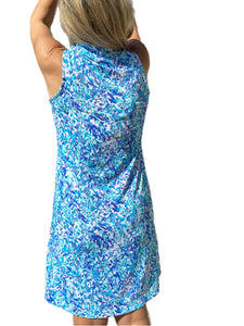 High Zip-Neck Sleeveless Dress with UPF50+ Abstract Blues