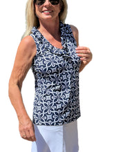 Load image into Gallery viewer, Ruffle-Neck Top with UPF50+ Geometric Flowers Navy
