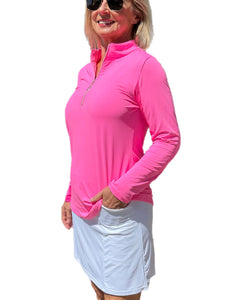 High Zip-Neck Long Sleeve Top with UPF50+ Bright Hot Pink