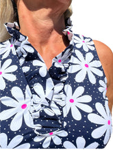 Load image into Gallery viewer, Ruffle-Neck Top with UPF50+ Daisy Navy
