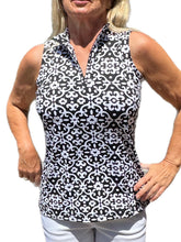 Load image into Gallery viewer, High Zip-Neck Sleeveless Top with UPF50+ Geometric Flowers Black
