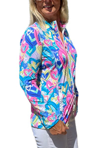 Zip-Up Long Sleeve Jacket with UPF50+ Hearts Multicolor