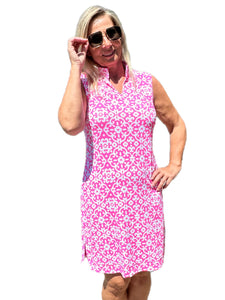 Classic Keyhole Sleeveless Dress with UPF50+ Geometric Flowers Bright Pink