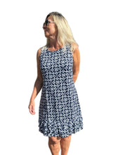 Load image into Gallery viewer, Sleeveless Dress with Ruffles with UPF50+ Geometric Flowers Navy
