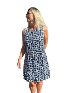 Sleeveless Dress with Ruffles with UPF50+ Geometric Flowers Navy