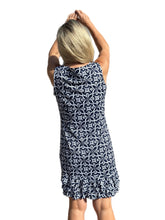 Load image into Gallery viewer, Sleeveless Dress with Ruffles with UPF50+ Geometric Flowers Navy
