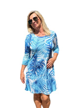 Load image into Gallery viewer, Scoop-Neck Knee-Length Shift Dress Blue Palm Leaf
