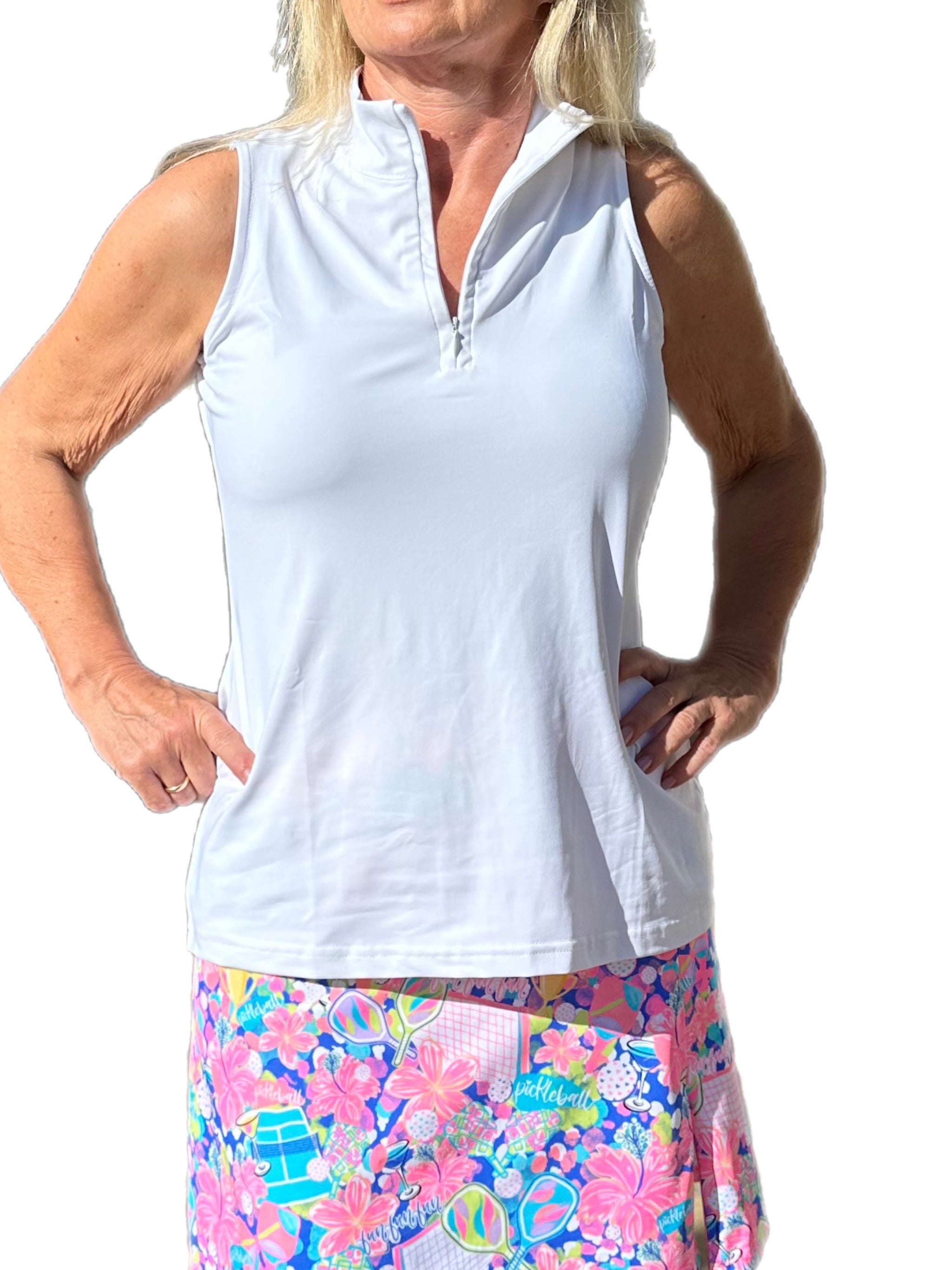 High Zip-Neck Sleeveless Top with UPF50+ White - Back of the Bay Boutique