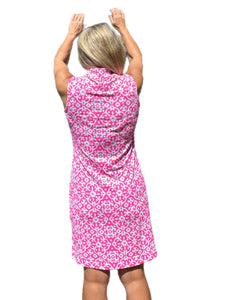Classic Keyhole Sleeveless Dress with UPF50+ Geometric Flowers Bright Pink